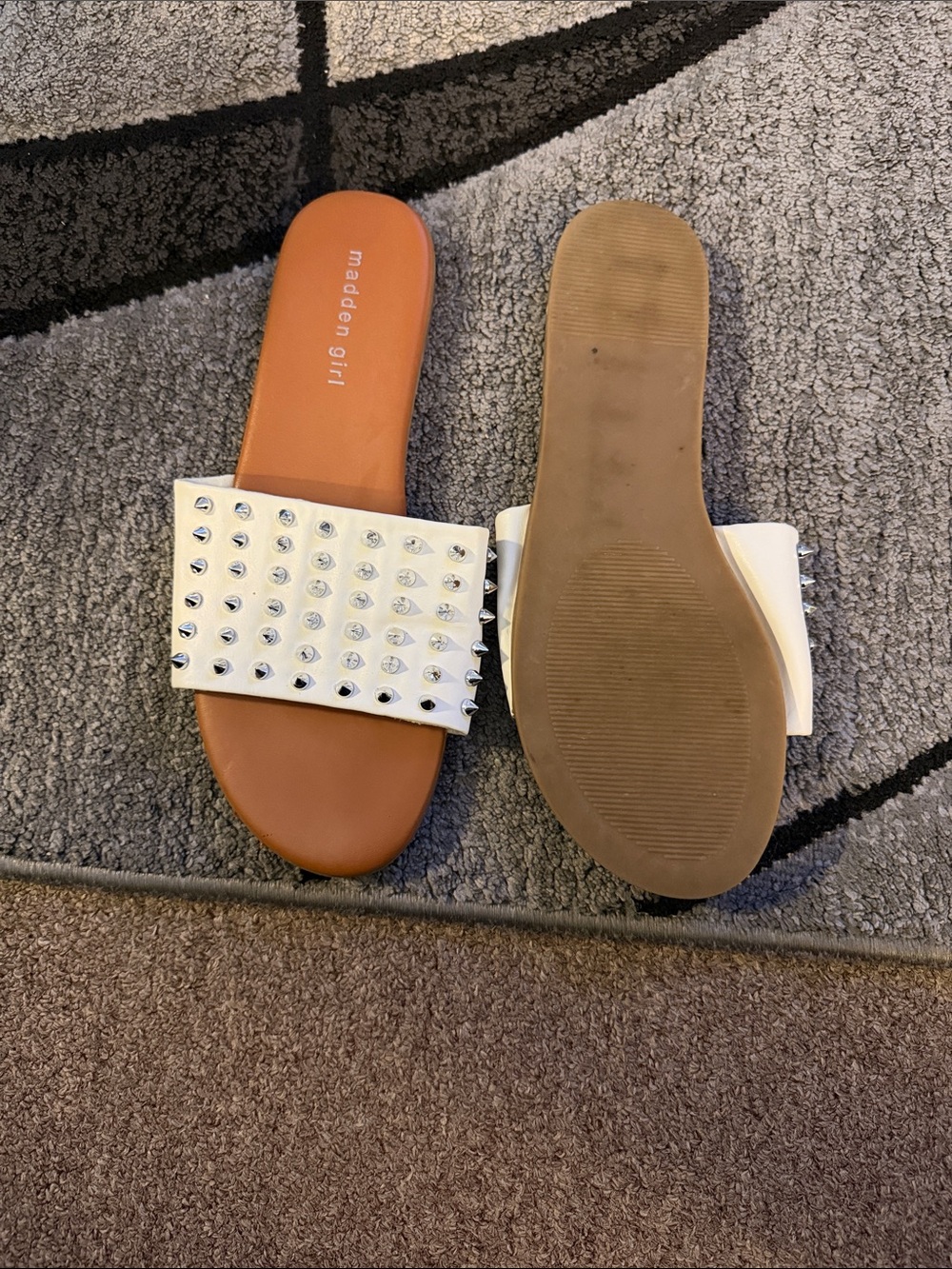 Madden Girl White Studded Slip-On Sandals with Tan Footbed